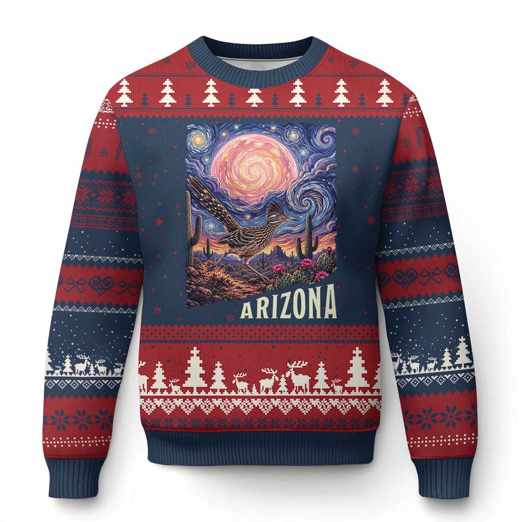 Arizona Roadrunner Vintage Desert Moon Retro Cactus Ugly Christmas Sweater Southwest Wildlife Bird Starry Night Style TS14 Navy Red Print Your Wear