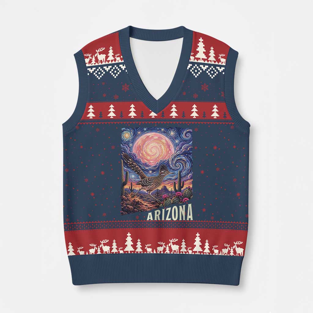 Arizona Roadrunner Vintage Desert Moon Retro Cactus V-Neck Knit Sweater Vest Southwest Wildlife Bird Starry Night Style TS14 Navy Red Print Your Wear