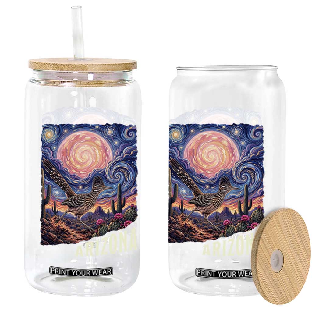 Arizona Roadrunner Vintage Desert Moon Retro Cactus Glass Can Southwest Wildlife Bird Starry Night Style
