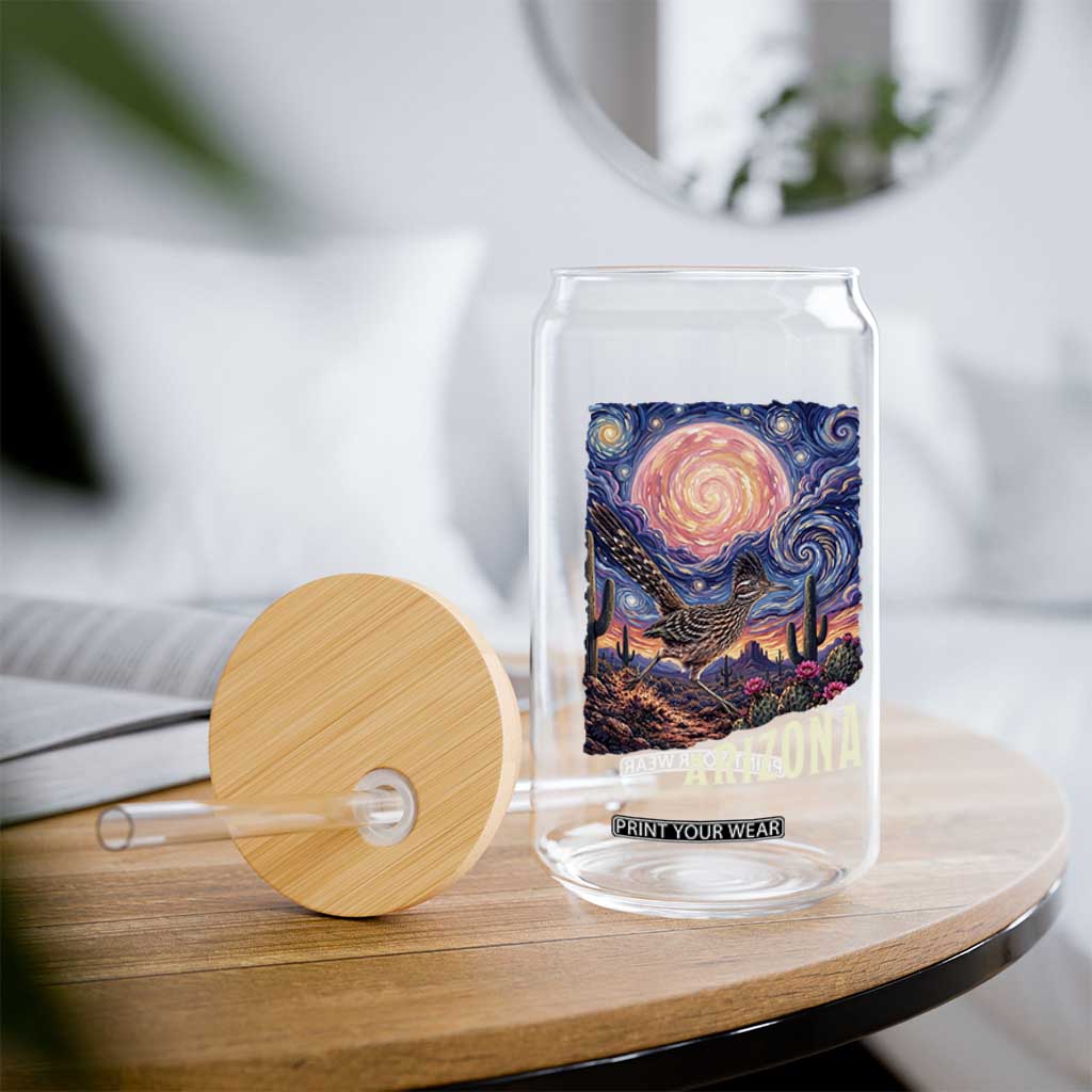 Arizona Roadrunner Vintage Desert Moon Retro Cactus Glass Can Southwest Wildlife Bird Starry Night Style