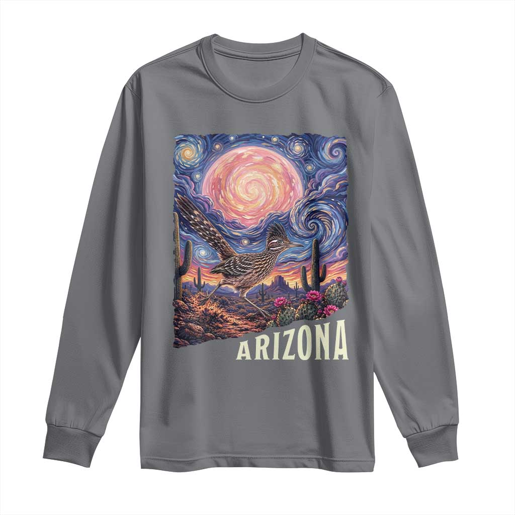Arizona Roadrunner Vintage Desert Moon Retro Cactus Long Sleeve Shirt Southwest Wildlife Bird Starry Night Style