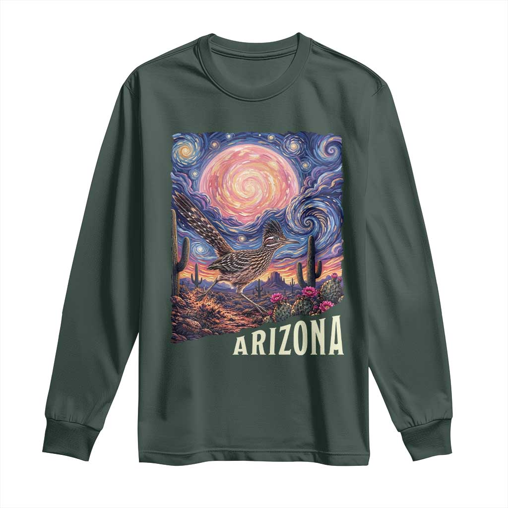 Arizona Roadrunner Vintage Desert Moon Retro Cactus Long Sleeve Shirt Southwest Wildlife Bird Starry Night Style