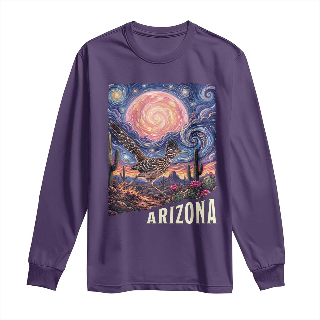 Arizona Roadrunner Vintage Desert Moon Retro Cactus Long Sleeve Shirt Southwest Wildlife Bird Starry Night Style