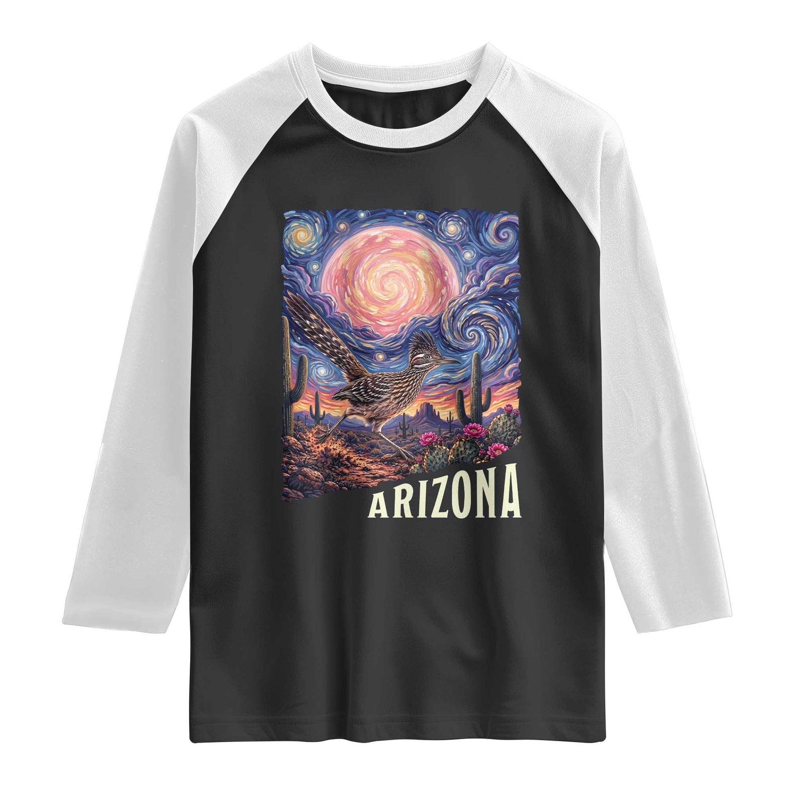 Arizona Roadrunner Vintage Desert Moon Retro Cactus Raglan Shirt Southwest Wildlife Bird Starry Night Style TS14 Black White Print Your Wear