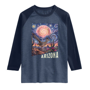 Arizona Roadrunner Vintage Desert Moon Retro Cactus Raglan Shirt Southwest Wildlife Bird Starry Night Style