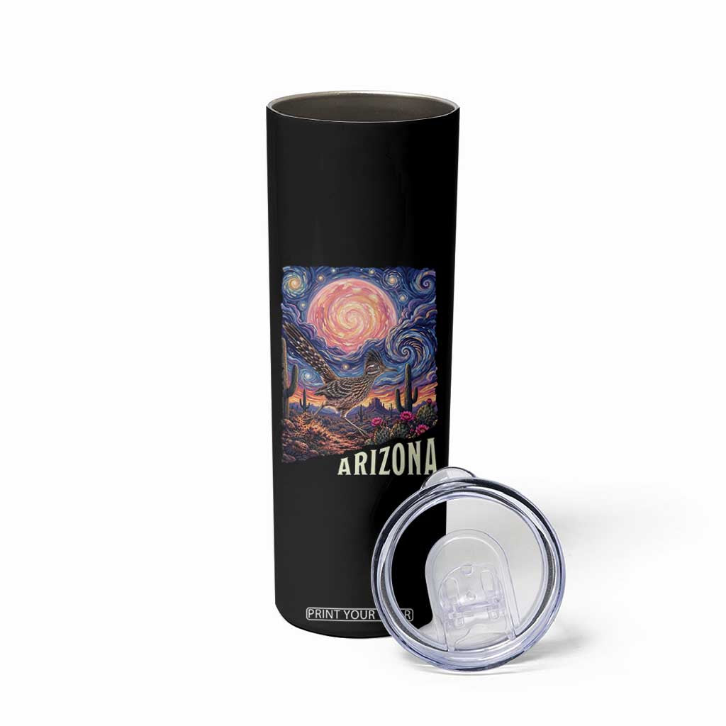 Arizona Roadrunner Vintage Desert Moon Retro Cactus Skinny Tumbler Southwest Wildlife Bird Starry Night Style