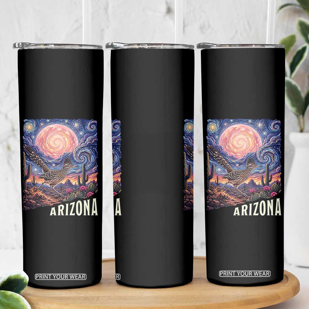 Arizona Roadrunner Vintage Desert Moon Retro Cactus Skinny Tumbler Southwest Wildlife Bird Starry Night Style