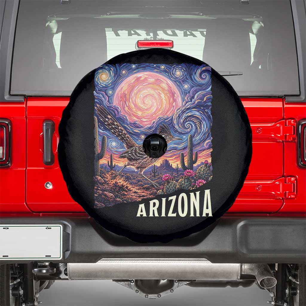 Arizona Roadrunner Vintage Desert Moon Retro Cactus Spare Tire Cover Southwest Wildlife Bird Starry Night Style