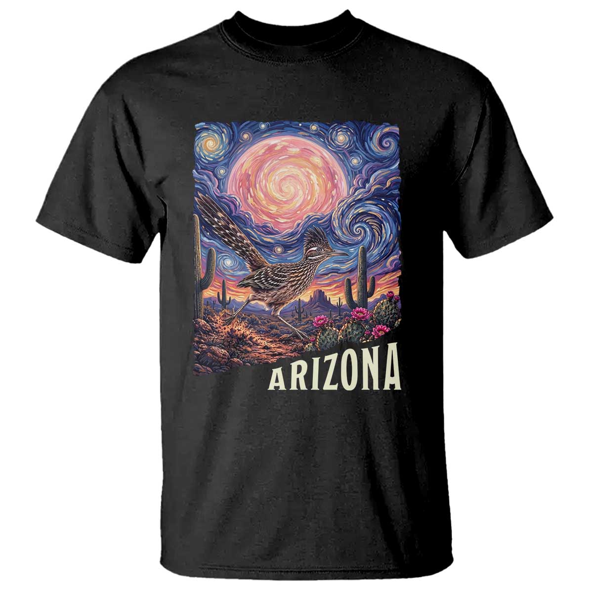 Arizona Roadrunner Vintage Desert Moon Retro Cactus T Shirt Southwest Wildlife Bird Starry Night Style TS14 Black Print Your Wear