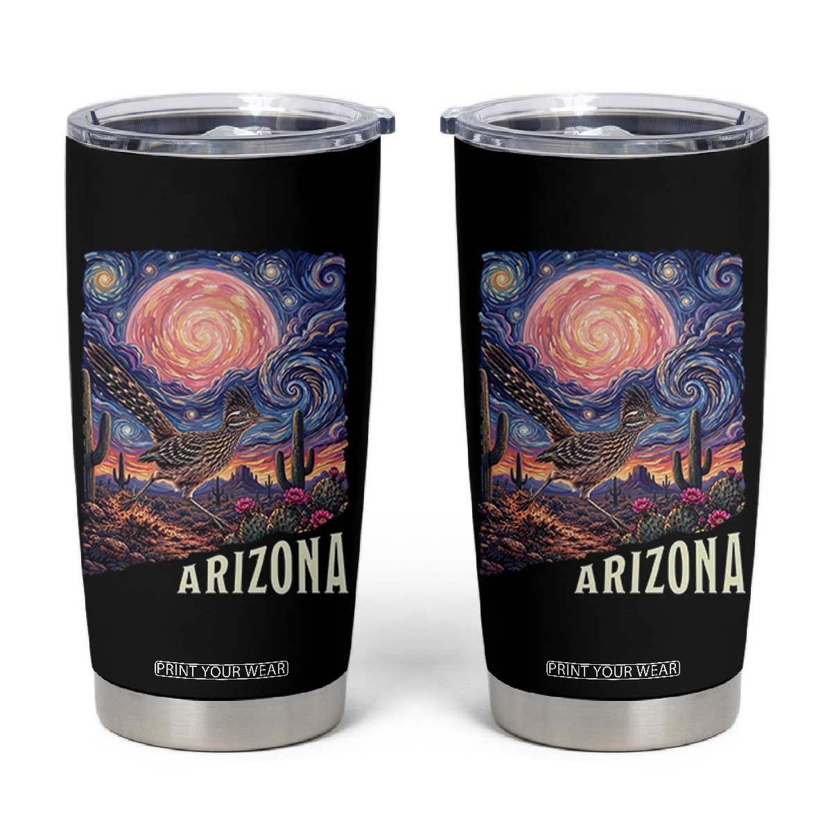 Arizona Roadrunner Vintage Desert Moon Retro Cactus Tumbler Cup Southwest Wildlife Bird Starry Night Style TS14 Black Print Your Wear