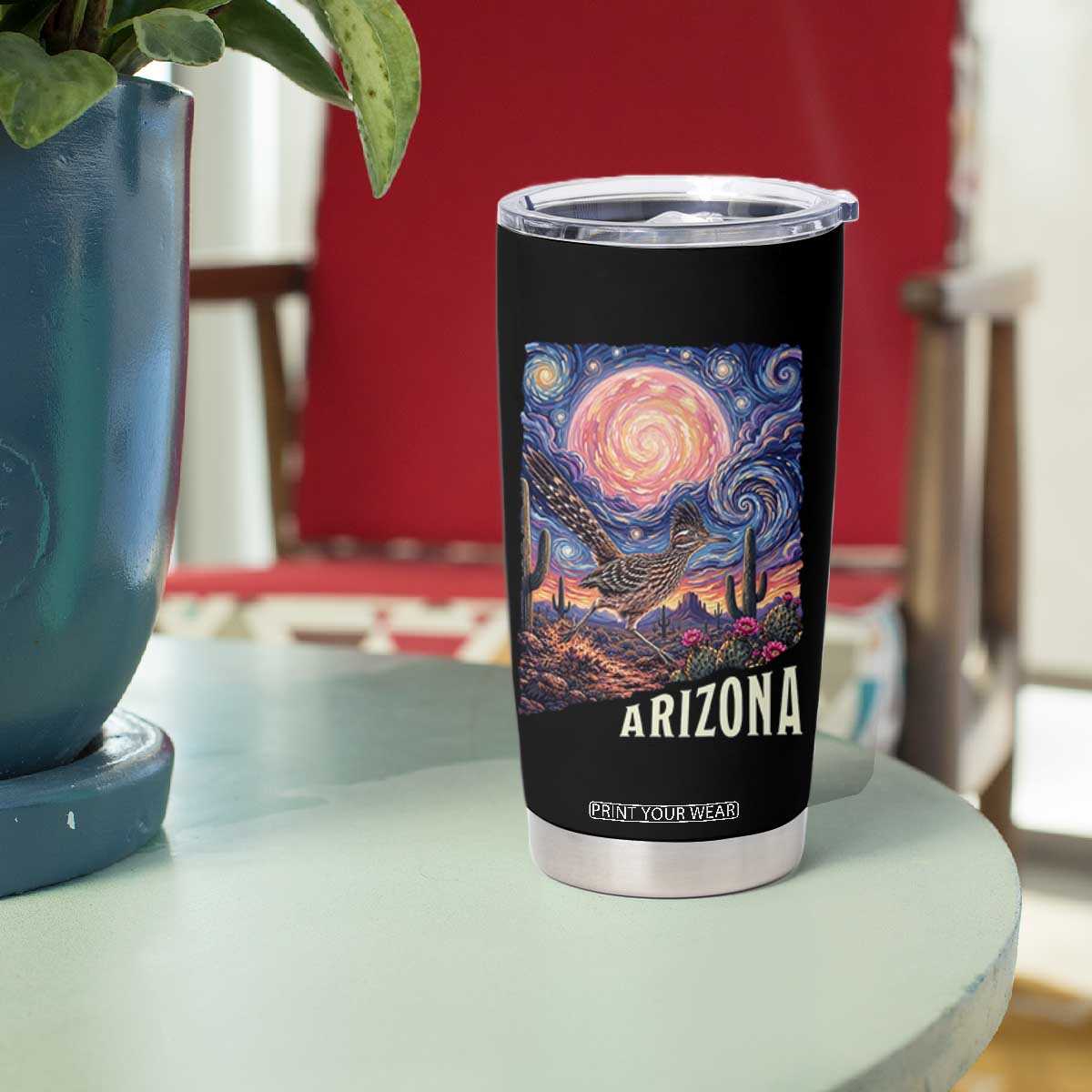 Arizona Roadrunner Vintage Desert Moon Retro Cactus Tumbler Cup Southwest Wildlife Bird Starry Night Style