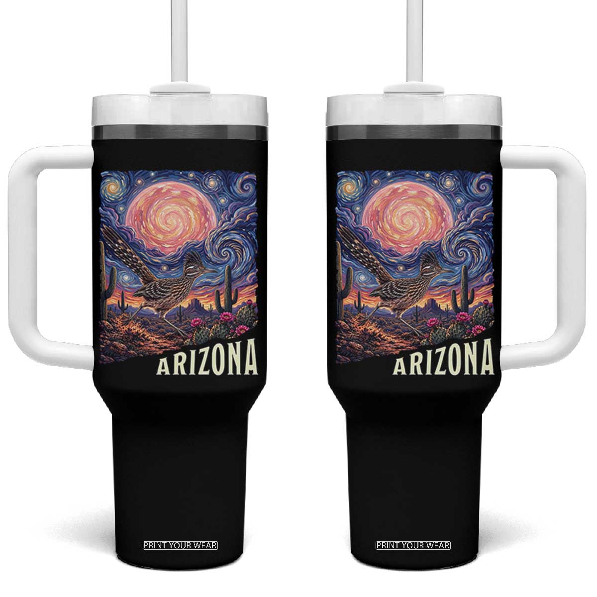 Arizona Roadrunner Vintage Desert Moon Retro Cactus Tumbler With Handle Southwest Wildlife Bird Starry Night Style TS14 One Size: 40 oz Black Print Your Wear