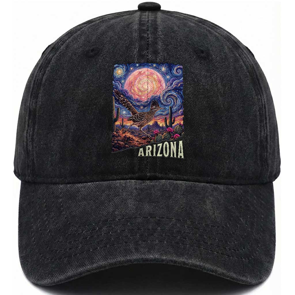 Arizona Roadrunner Vintage Desert Moon Retro Cactus Washed Cotton Baseball Cap Southwest Wildlife Bird Starry Night Style TS14 Print Your Wear