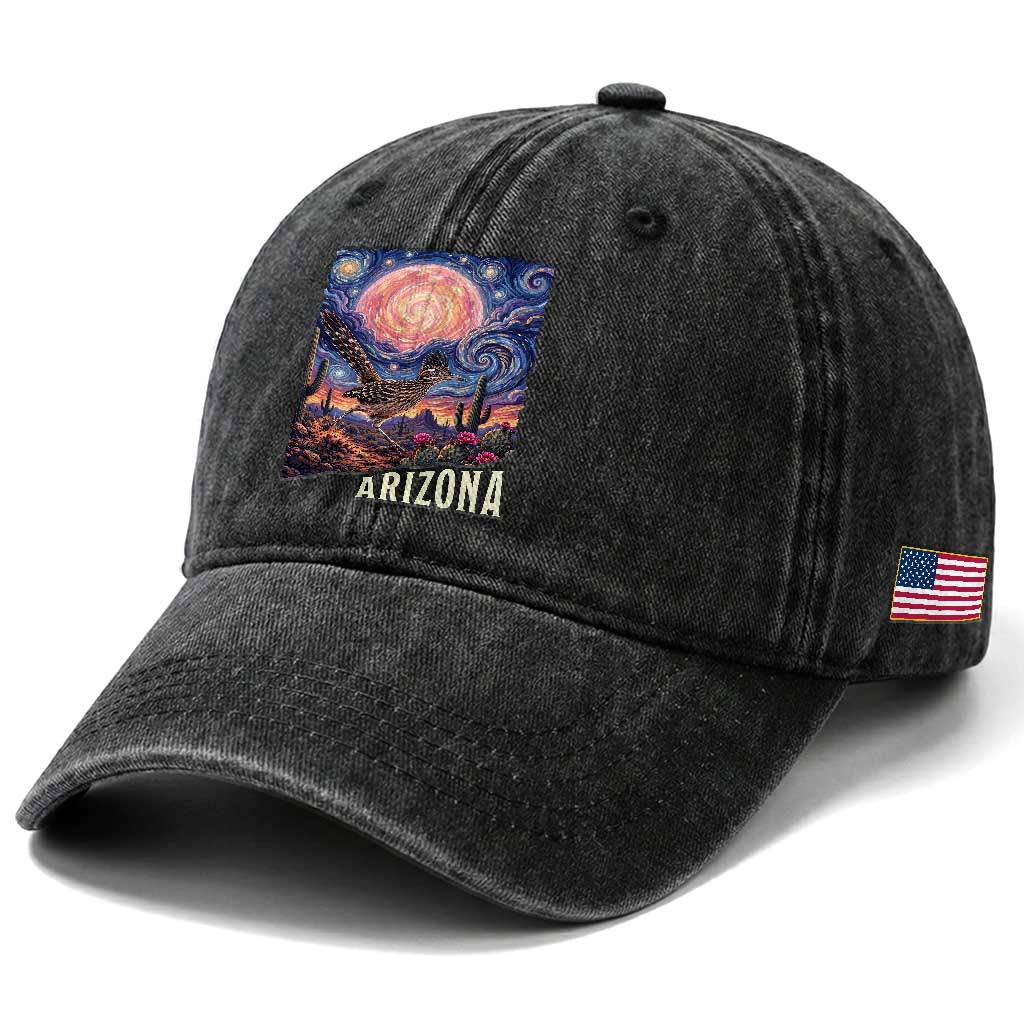 Arizona Roadrunner Vintage Desert Moon Retro Cactus Washed Cotton Baseball Cap Southwest Wildlife Bird Starry Night Style