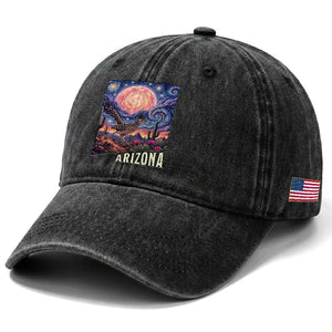 Arizona Roadrunner Vintage Desert Moon Retro Cactus Washed Cotton Baseball Cap Southwest Wildlife Bird Starry Night Style