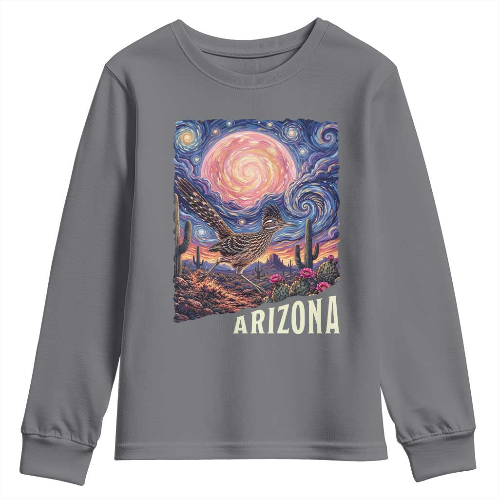 Arizona Roadrunner Vintage Desert Moon Retro Cactus Youth Sweatshirt Southwest Wildlife Bird Starry Night Style
