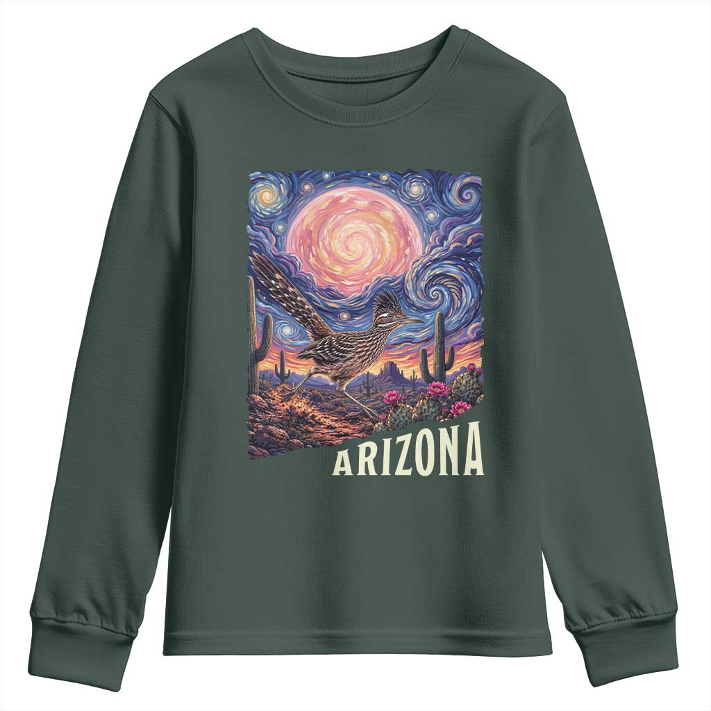 Arizona Roadrunner Vintage Desert Moon Retro Cactus Youth Sweatshirt Southwest Wildlife Bird Starry Night Style
