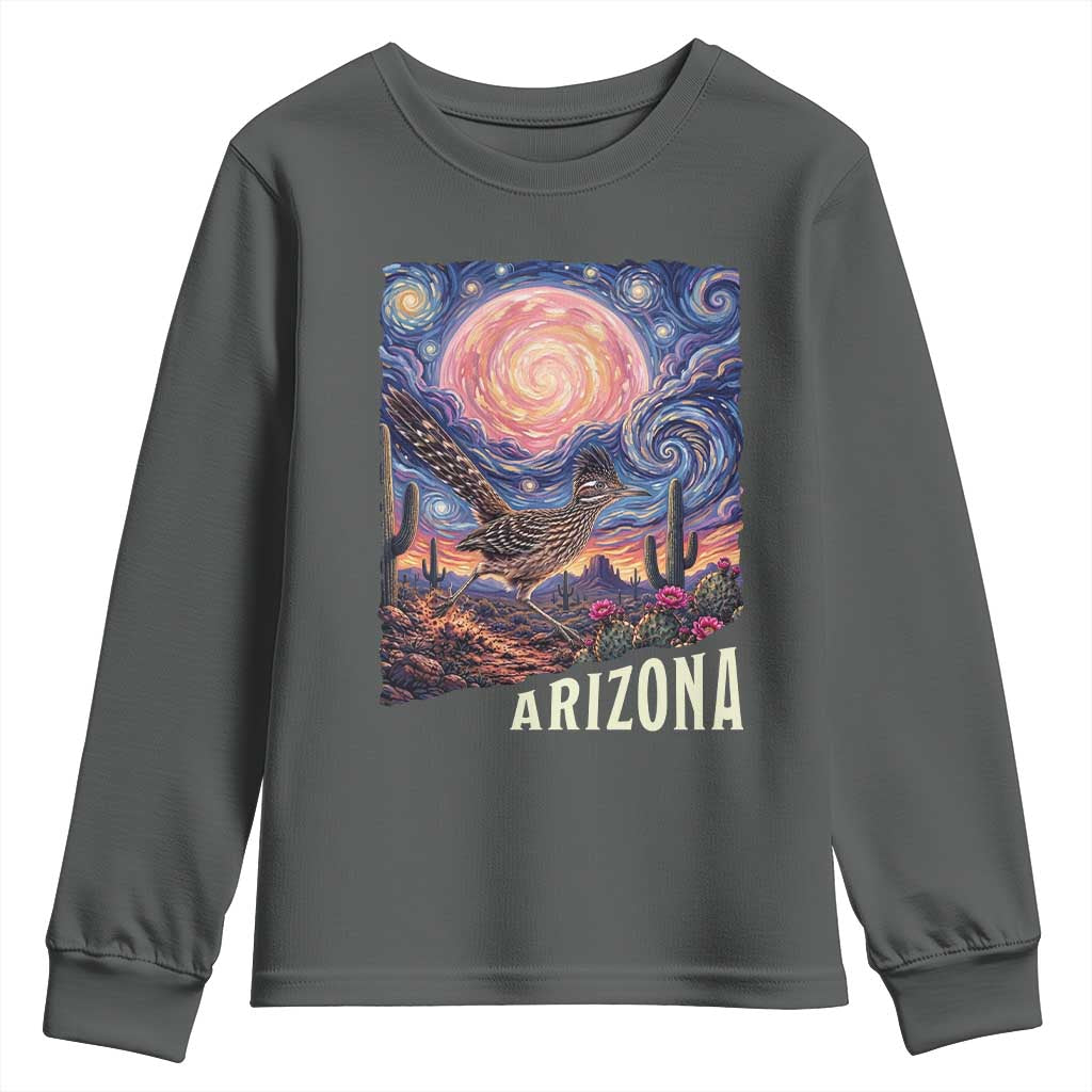 Arizona Roadrunner Vintage Desert Moon Retro Cactus Youth Sweatshirt Southwest Wildlife Bird Starry Night Style