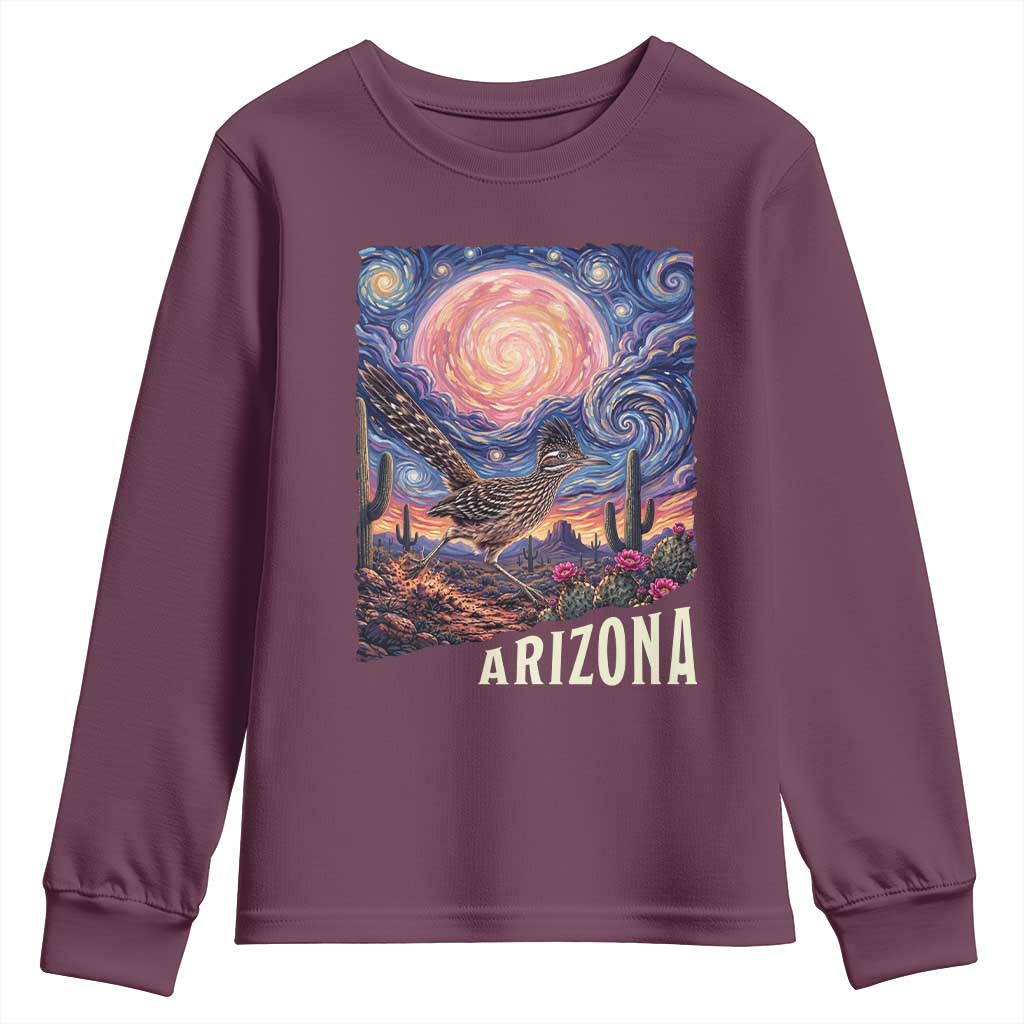 Arizona Roadrunner Vintage Desert Moon Retro Cactus Youth Sweatshirt Southwest Wildlife Bird Starry Night Style