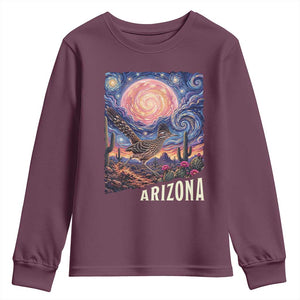 Arizona Roadrunner Vintage Desert Moon Retro Cactus Youth Sweatshirt Southwest Wildlife Bird Starry Night Style
