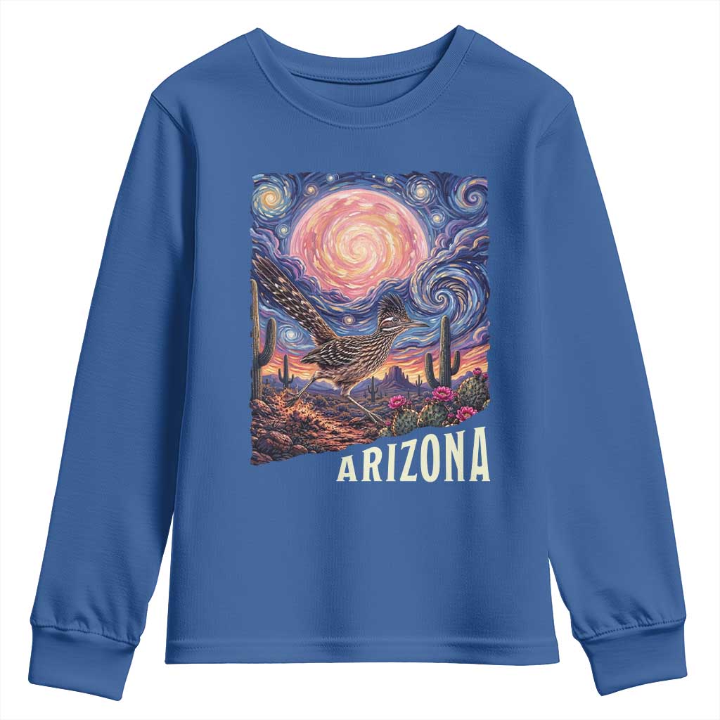 Arizona Roadrunner Vintage Desert Moon Retro Cactus Youth Sweatshirt Southwest Wildlife Bird Starry Night Style