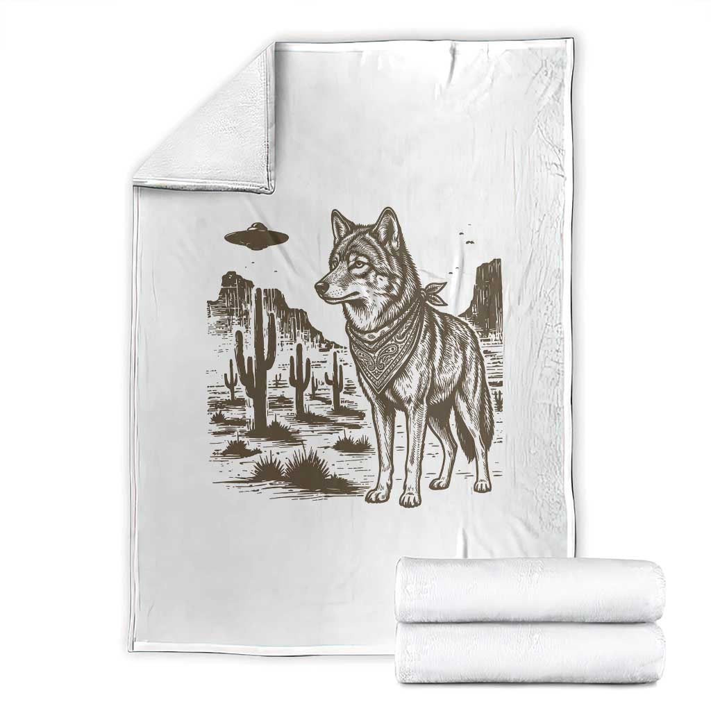 Vintage Coyote Cowboy UFO Throw Blanket Western Desert Southwest Coyote Alien TS14 White Print Your Wear