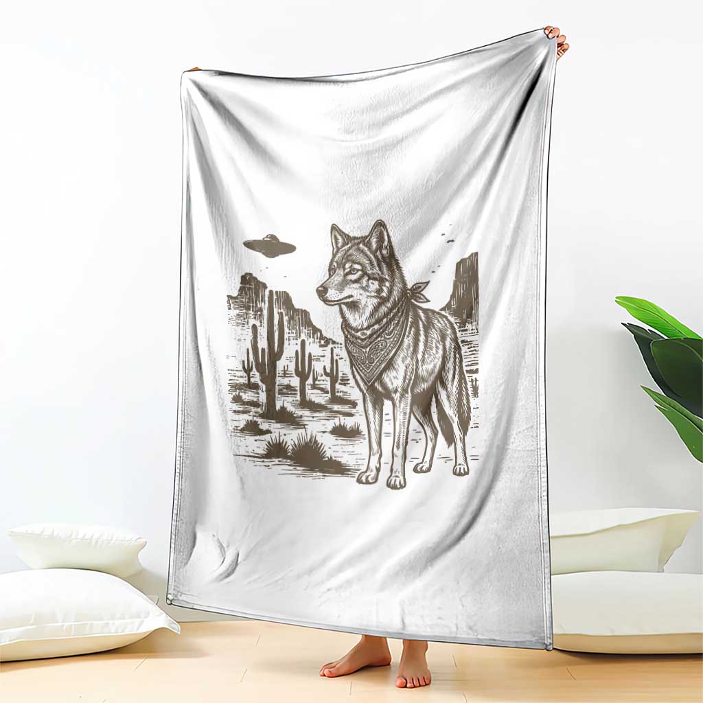 Vintage Coyote Cowboy UFO Throw Blanket Western Desert Southwest Coyote Alien