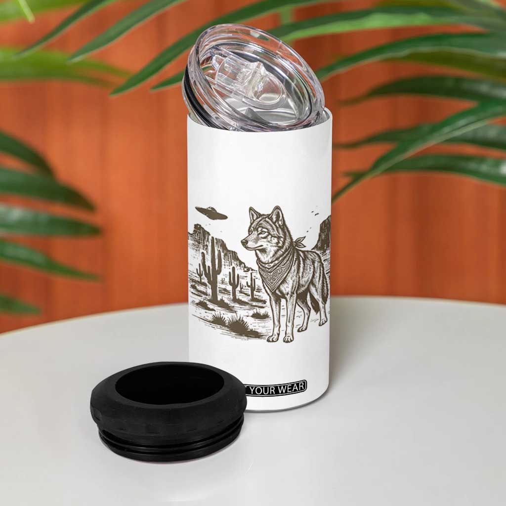 Vintage Coyote Cowboy UFO 4 in 1 Can Cooler Tumbler Western Desert Southwest Coyote Alien