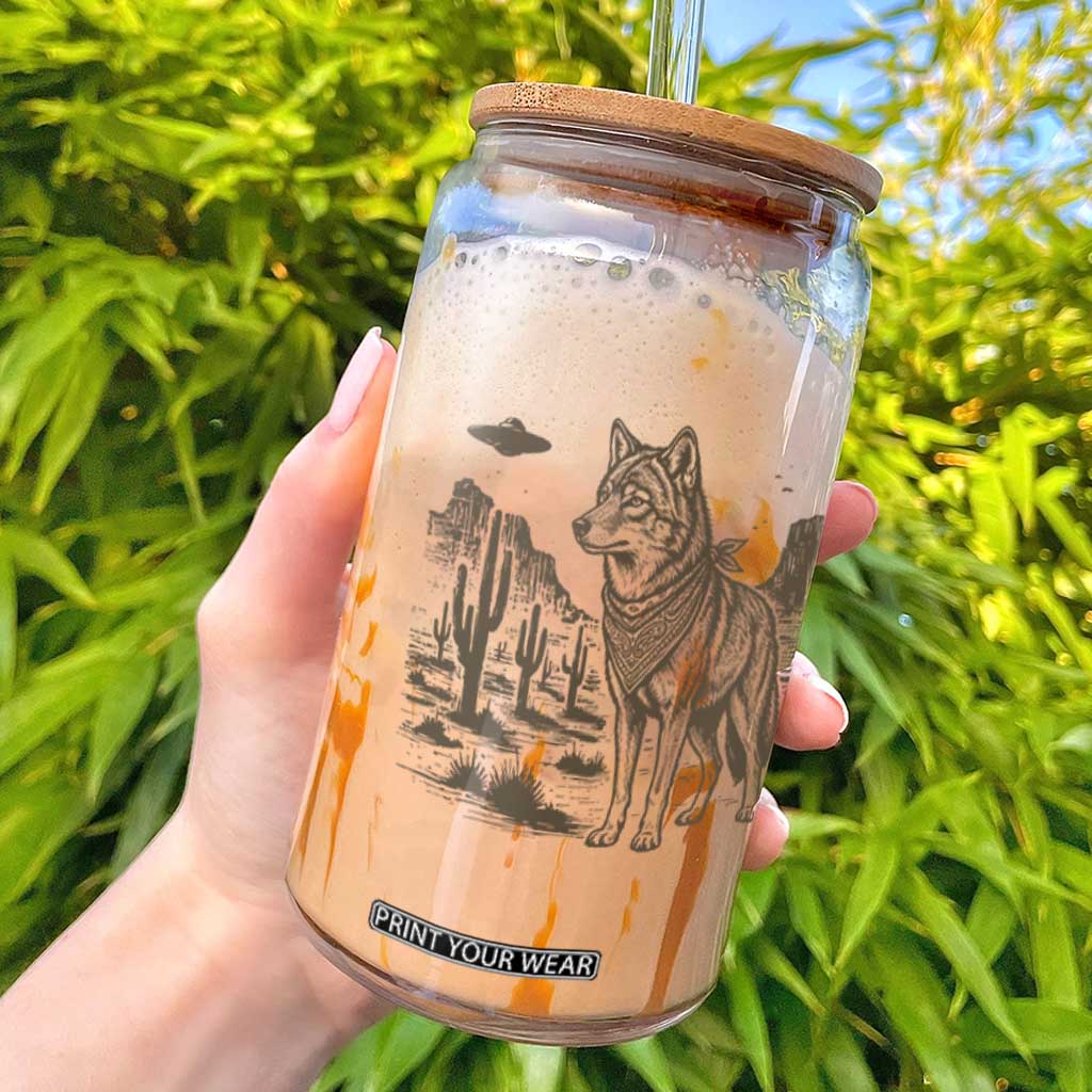 Vintage Coyote Cowboy UFO Glass Can Western Desert Southwest Coyote Alien TS14 White Print Your Wear