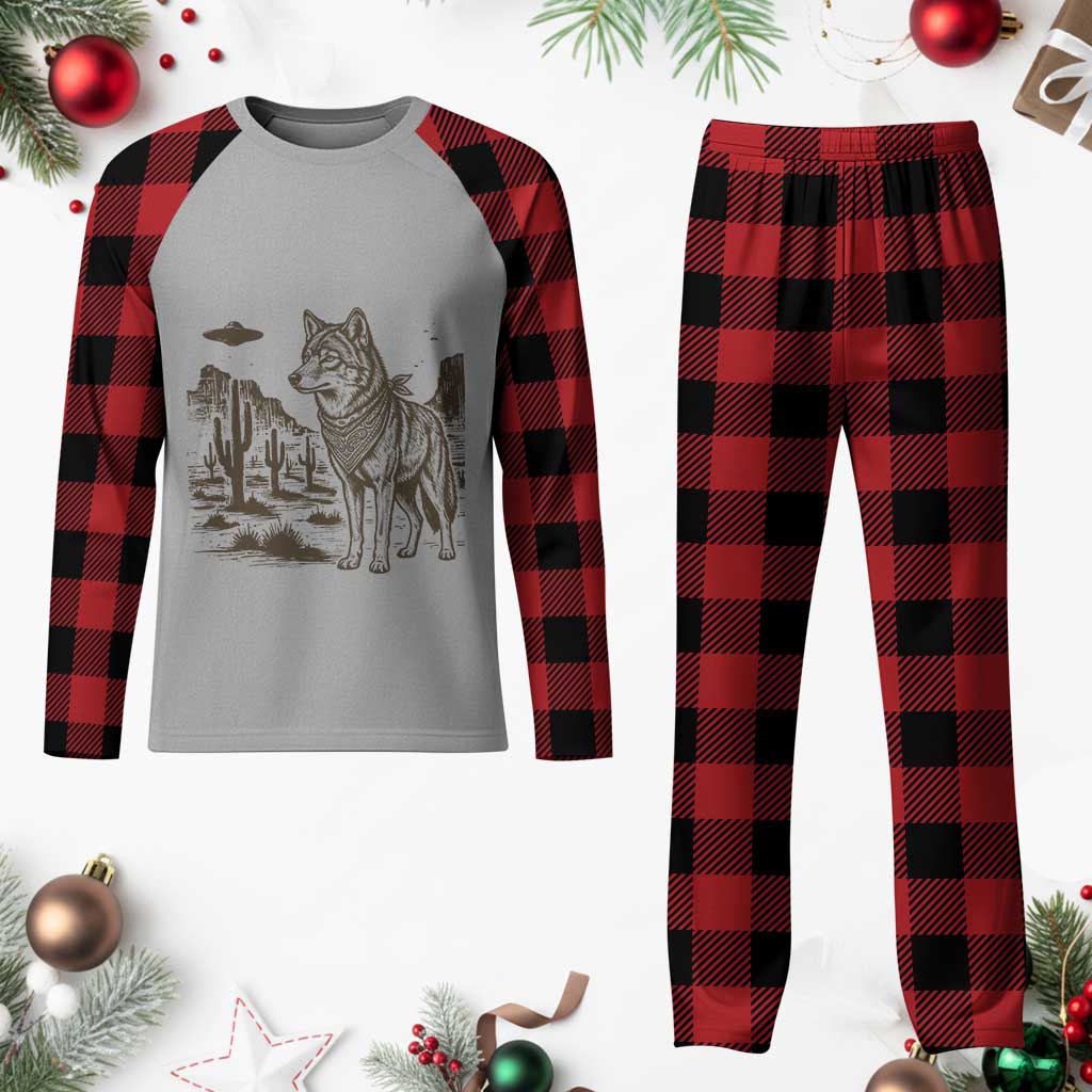 Vintage Coyote Cowboy UFO Plaid Pajama Set Western Desert Southwest Coyote Alien TS14 Buffalo Plaid Print Your Wear