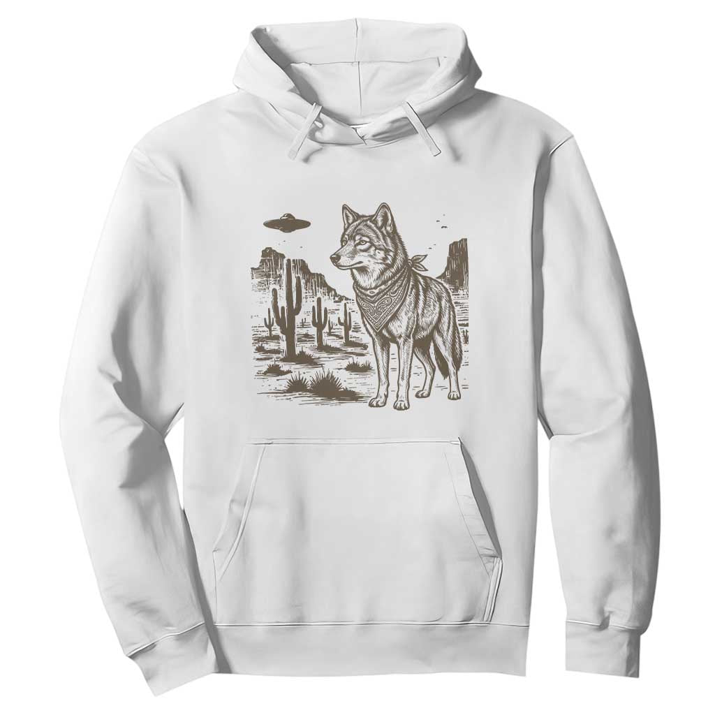 Vintage Coyote Cowboy UFO Hoodie Western Desert Southwest Coyote Alien TS14 White Print Your Wear