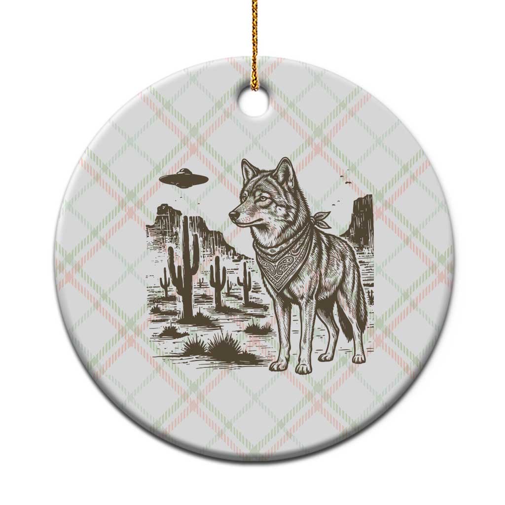 Vintage Coyote Cowboy UFO Ceramic Ornament Western Desert Southwest Coyote Alien