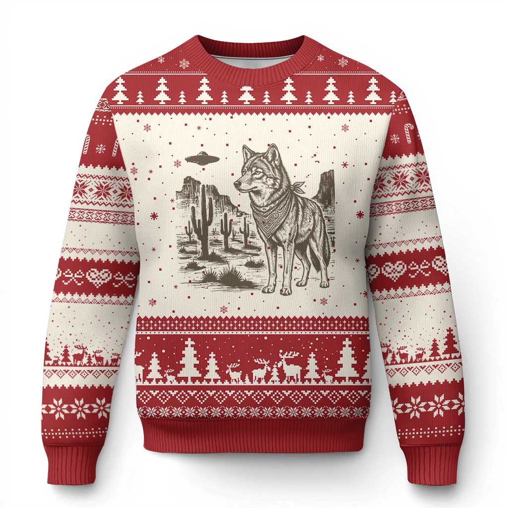 Vintage Coyote Cowboy UFO Ugly Christmas Sweater Western Desert Southwest Coyote Alien TS14 Beige Red Print Your Wear