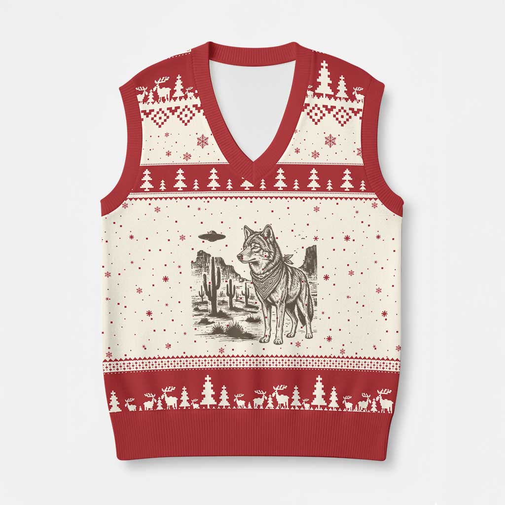 Vintage Coyote Cowboy UFO V-Neck Knit Sweater Vest Western Desert Southwest Coyote Alien TS14 Beige Red Print Your Wear