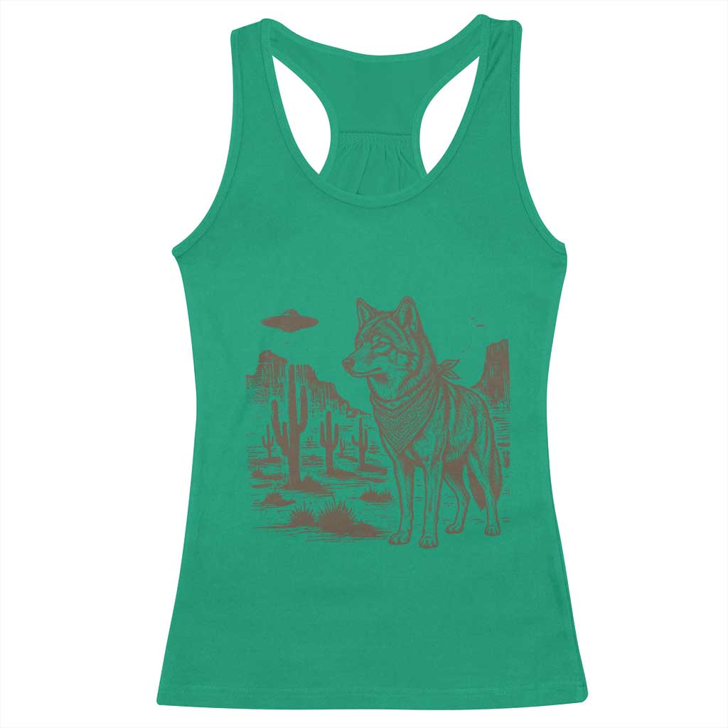 Vintage Coyote Cowboy UFO Racerback Tank Top Western Desert Southwest Coyote Alien