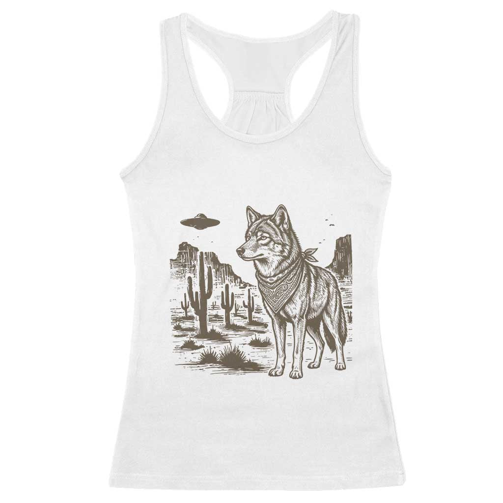 Vintage Coyote Cowboy UFO Racerback Tank Top Western Desert Southwest Coyote Alien TS14 White Print Your Wear