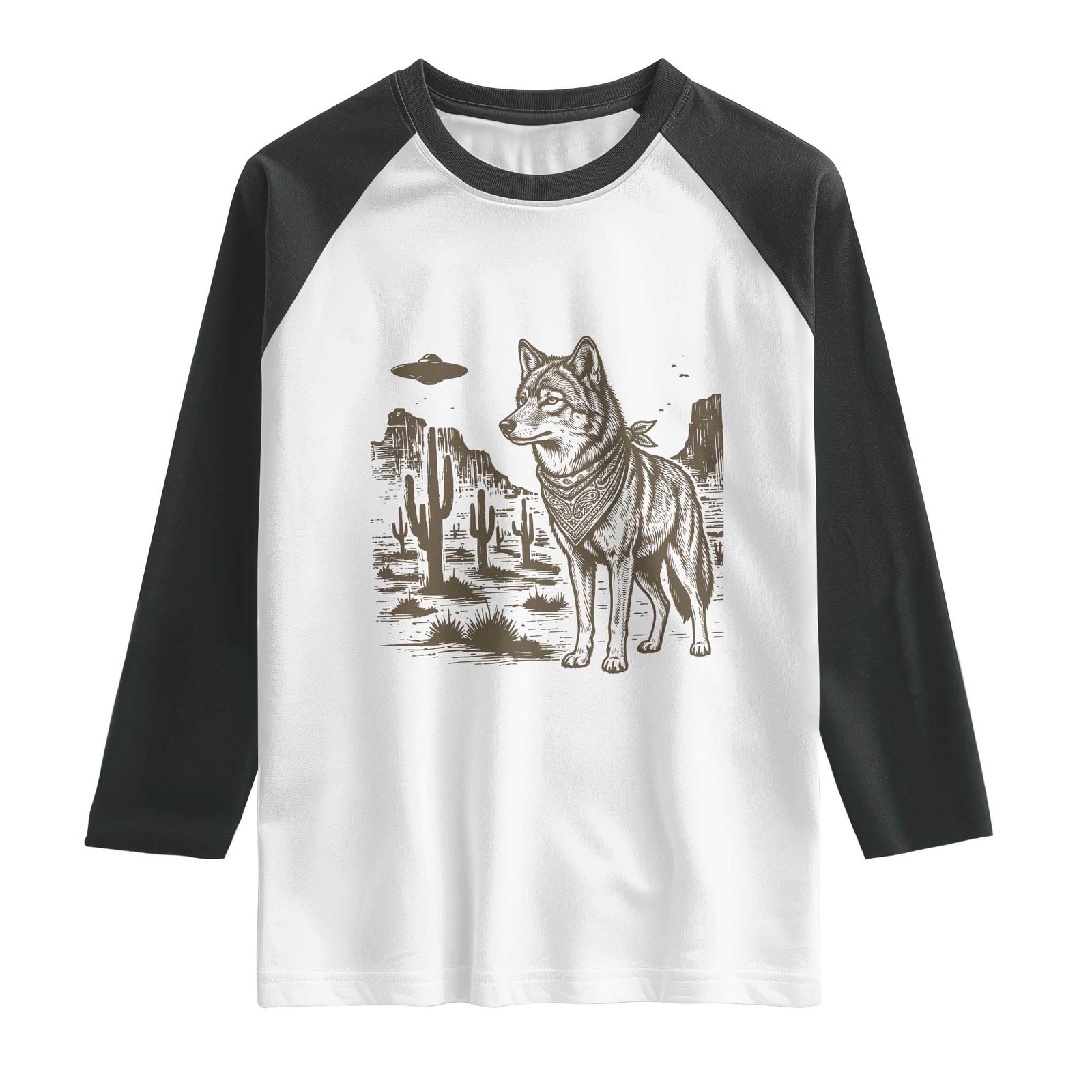 Vintage Coyote Cowboy UFO Raglan Shirt Western Desert Southwest Coyote Alien TS14 White Black Print Your Wear