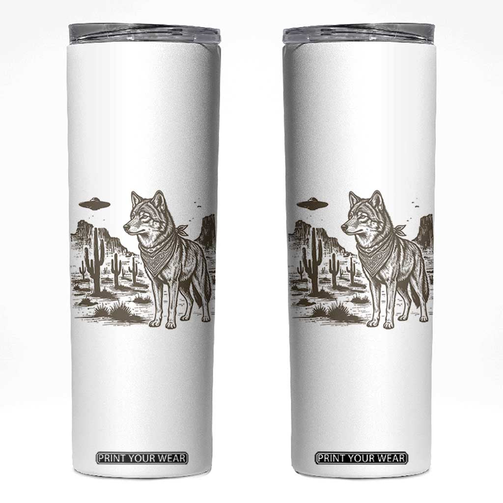 Vintage Coyote Cowboy UFO Skinny Tumbler Western Desert Southwest Coyote Alien TS14 White Print Your Wear