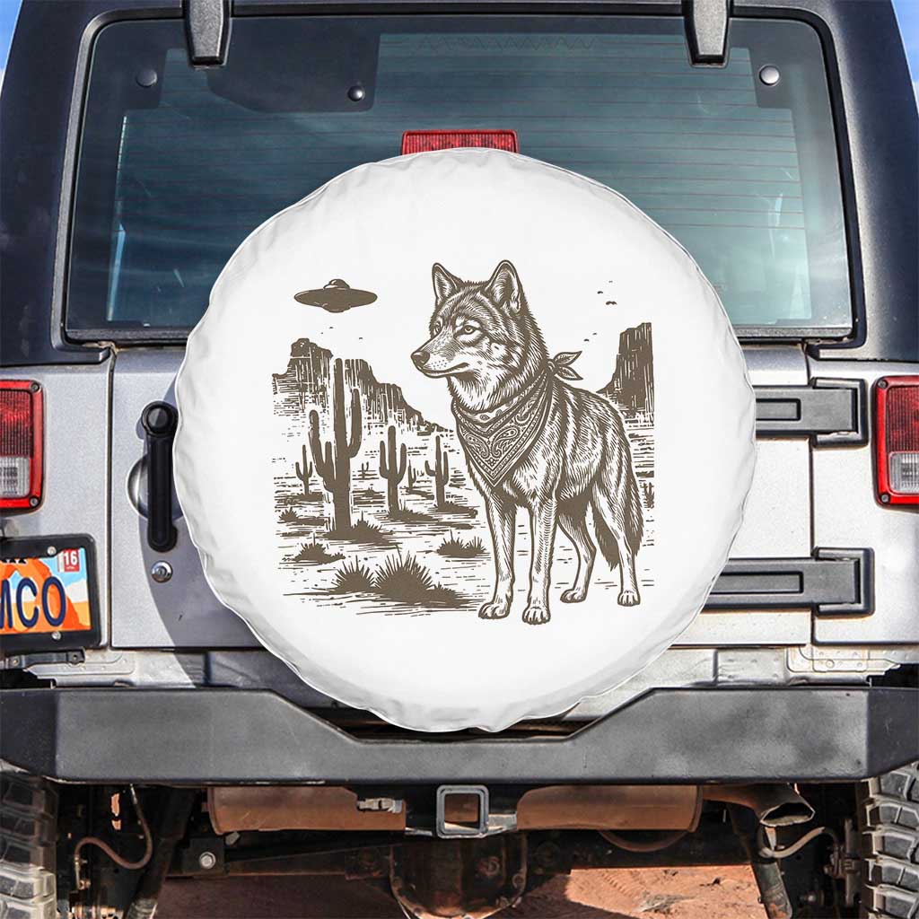 Vintage Coyote Cowboy UFO Spare Tire Cover Western Desert Southwest Coyote Alien TS14 No hole White Print Your Wear