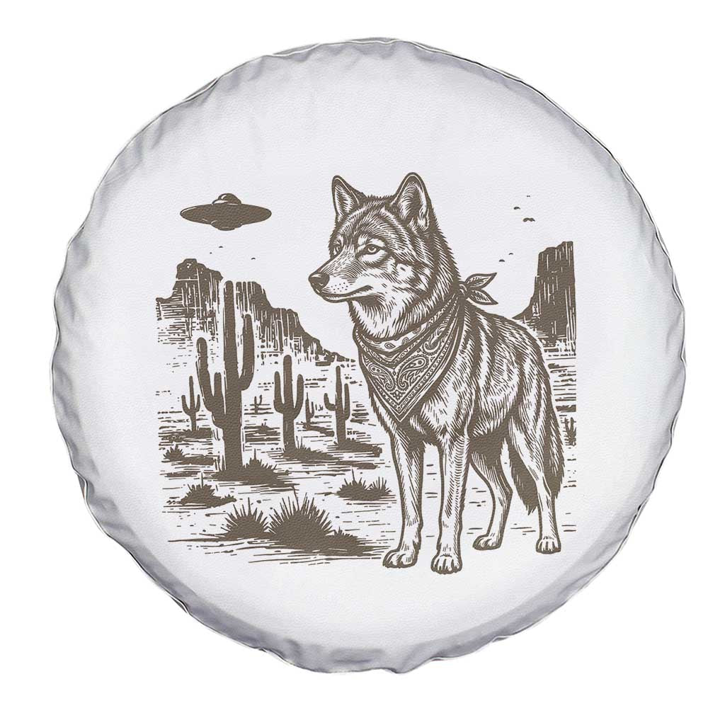 Vintage Coyote Cowboy UFO Spare Tire Cover Western Desert Southwest Coyote Alien