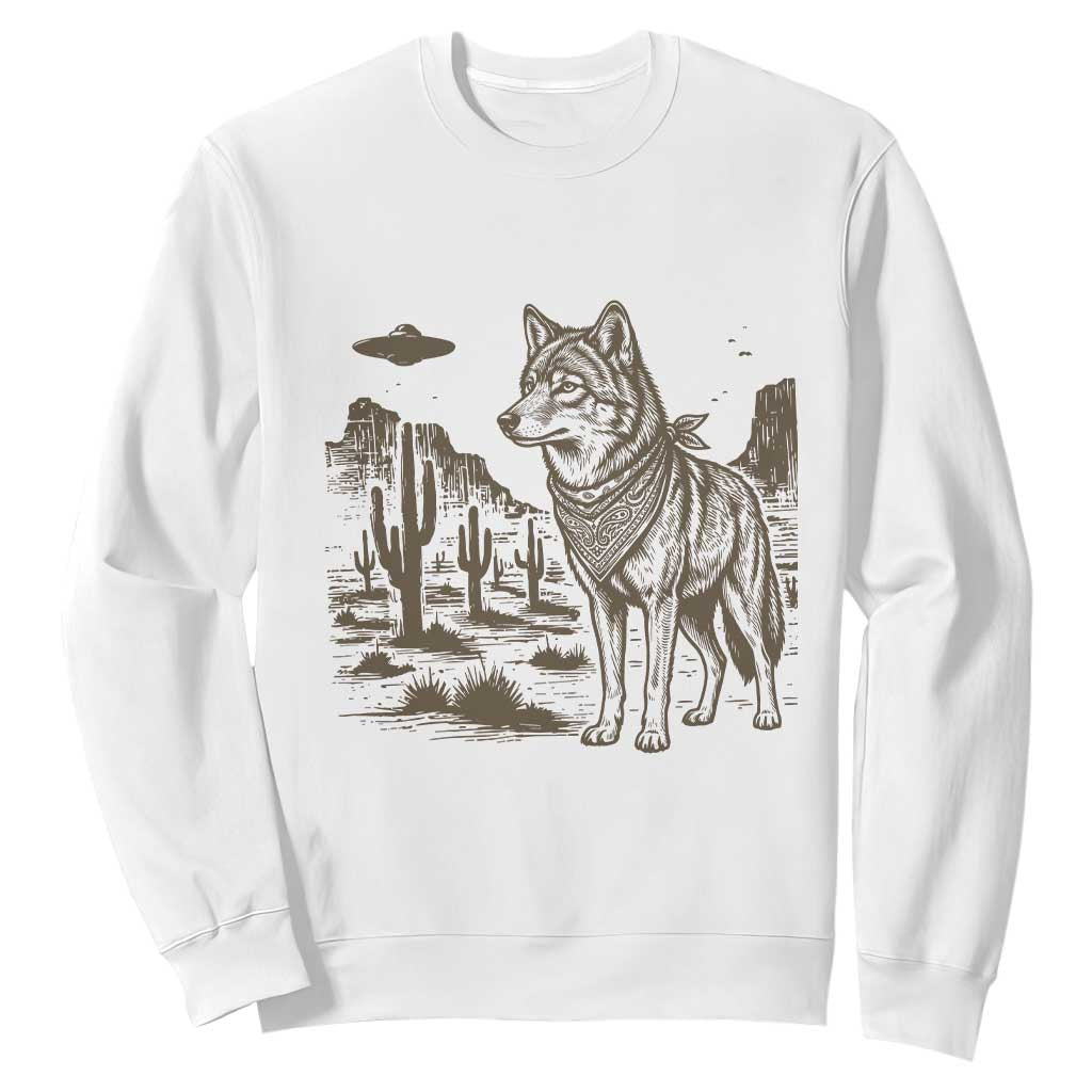 Vintage Coyote Cowboy UFO Sweatshirt Western Desert Southwest Coyote Alien TS14 White Print Your Wear