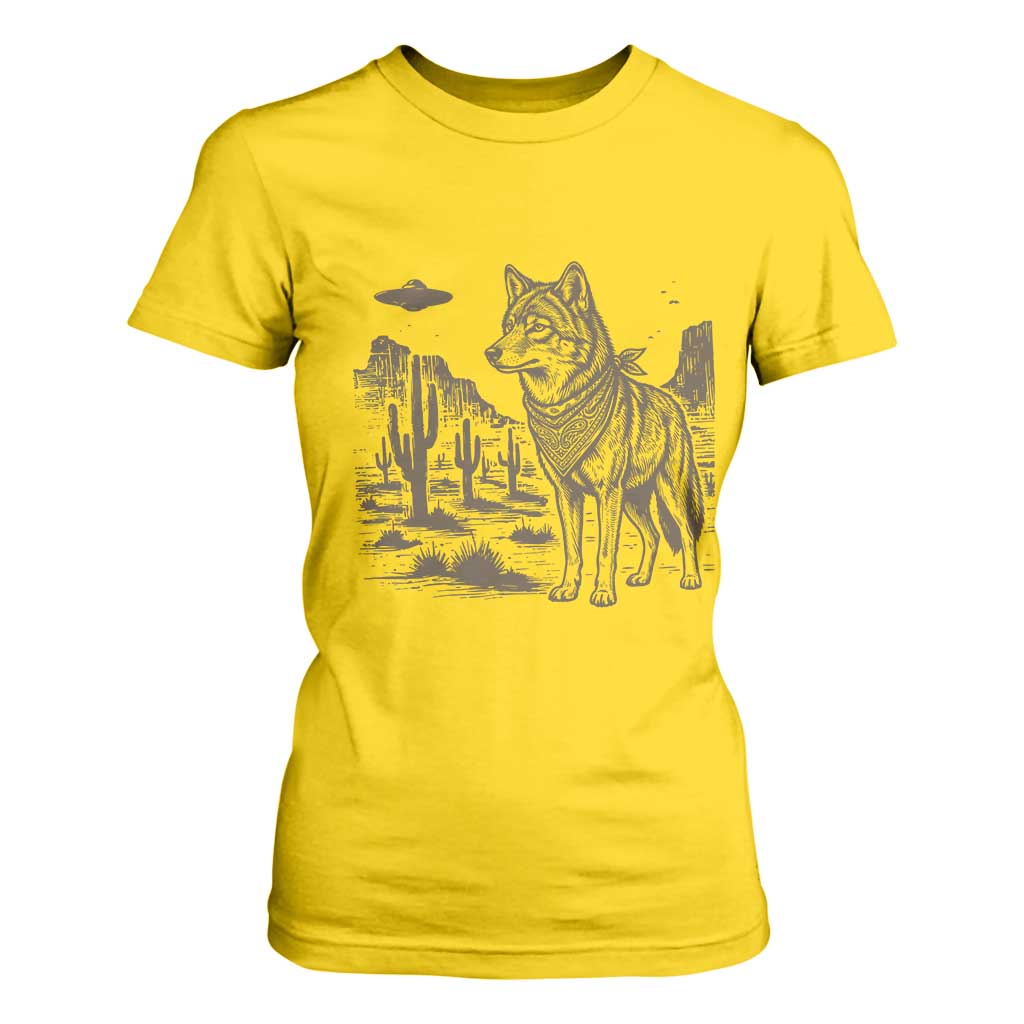 Vintage Coyote Cowboy UFO T Shirt For Women Western Desert Southwest Coyote Alien