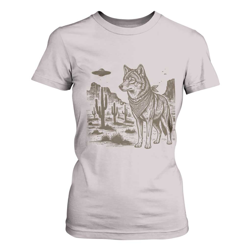 Vintage Coyote Cowboy UFO T Shirt For Women Western Desert Southwest Coyote Alien