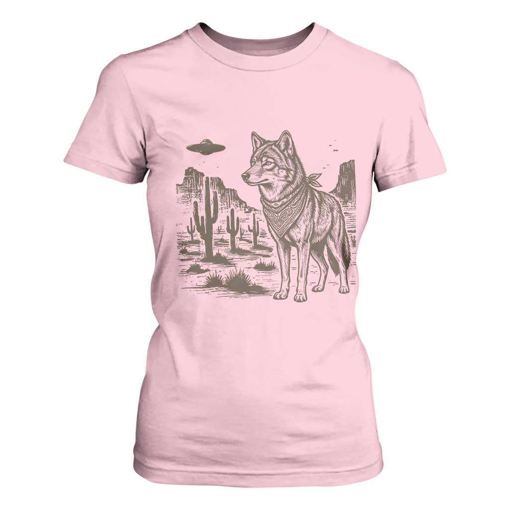 Vintage Coyote Cowboy UFO T Shirt For Women Western Desert Southwest Coyote Alien