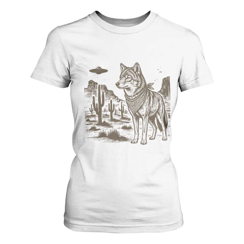 Vintage Coyote Cowboy UFO T Shirt For Women Western Desert Southwest Coyote Alien TS14 White Print Your Wear