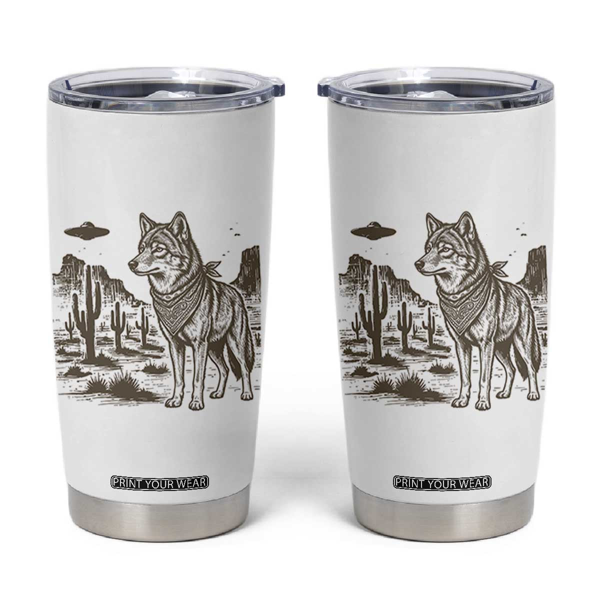 Vintage Coyote Cowboy UFO Tumbler Cup Western Desert Southwest Coyote Alien TS14 White Print Your Wear