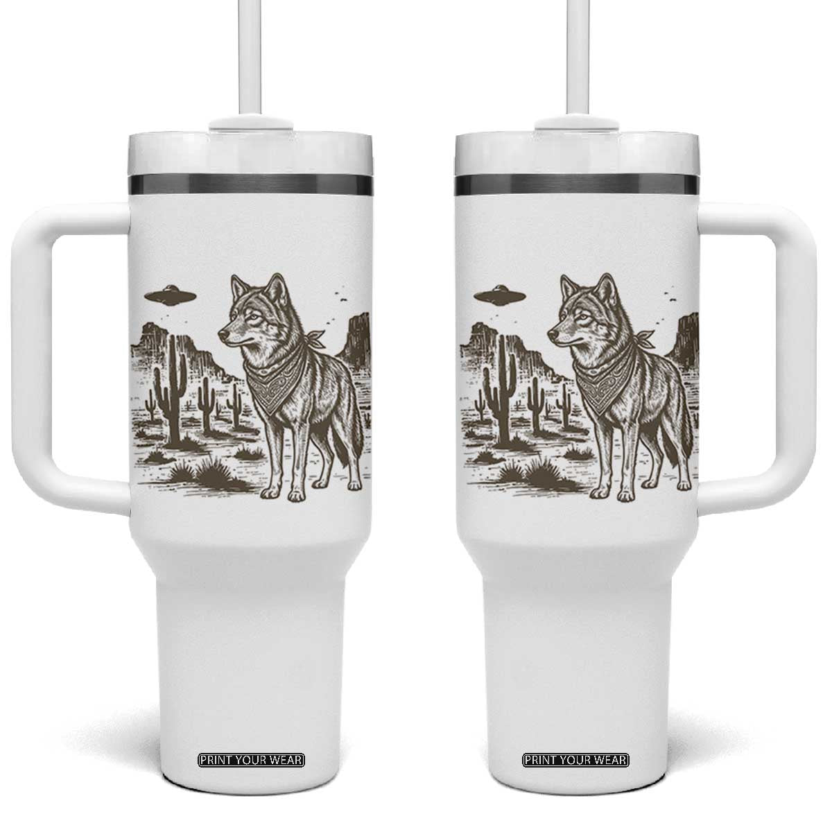 Vintage Coyote Cowboy UFO Tumbler With Handle Western Desert Southwest Coyote Alien TS14 One Size: 40 oz White Print Your Wear