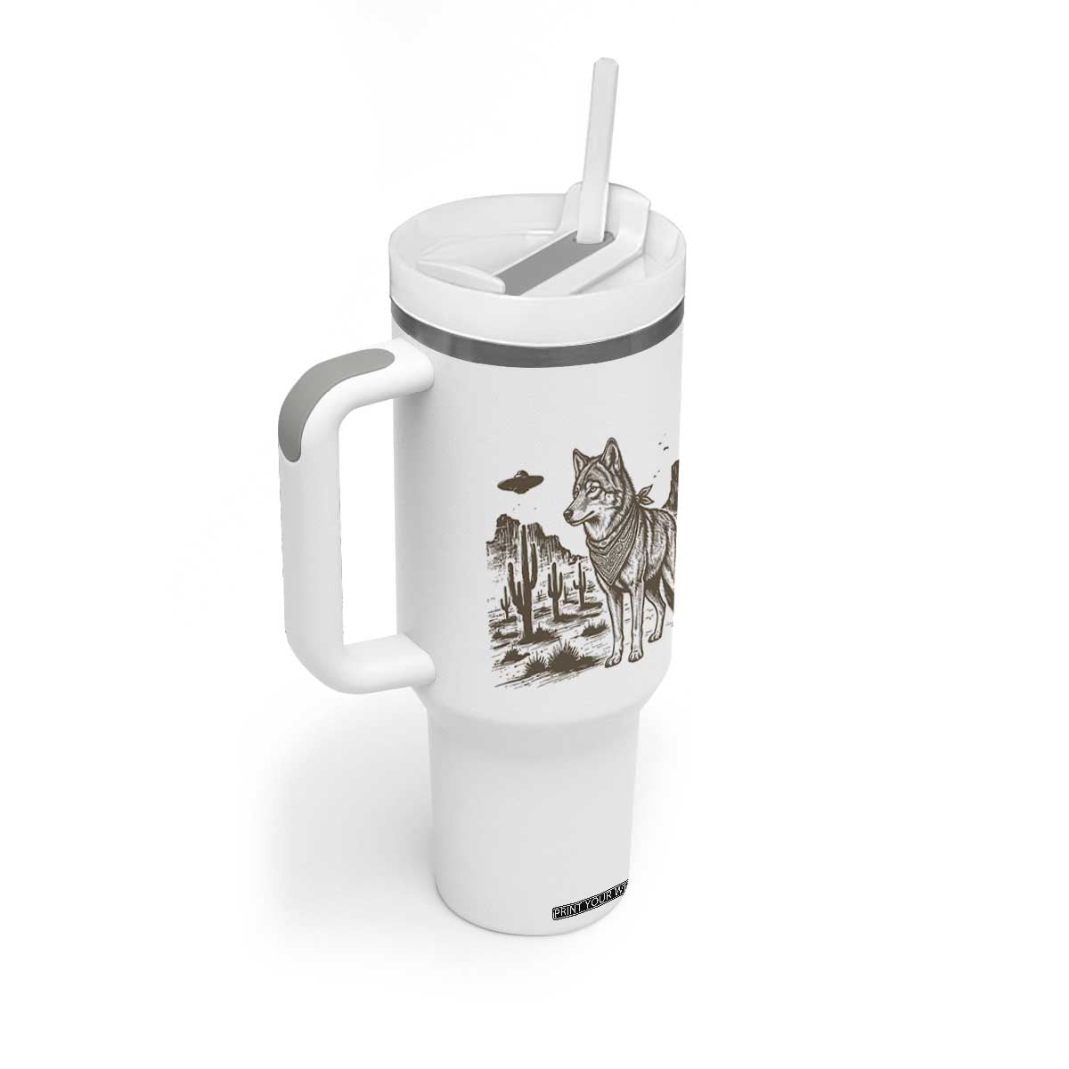 Vintage Coyote Cowboy UFO Tumbler With Handle Western Desert Southwest Coyote Alien