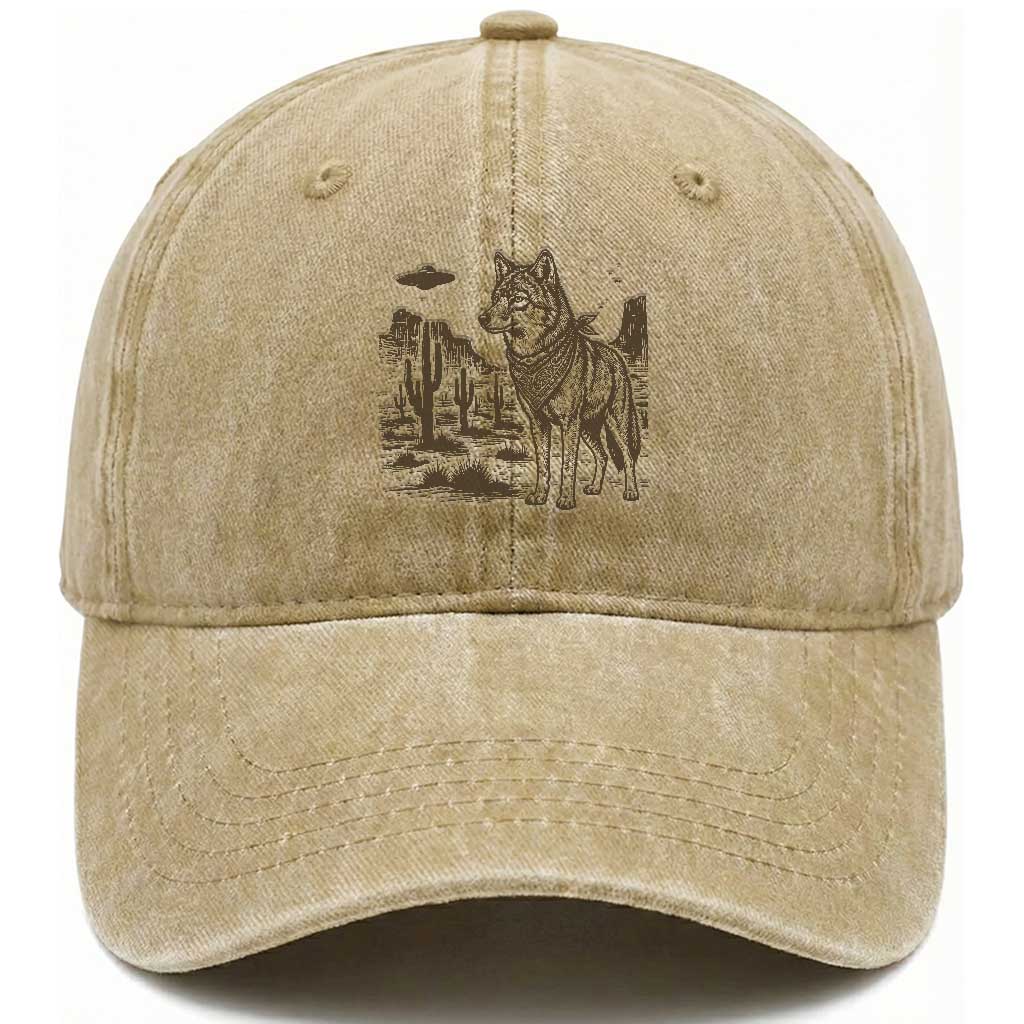 Vintage Coyote Cowboy UFO Washed Cotton Baseball Cap Western Desert Southwest Coyote Alien TS14 Print Your Wear