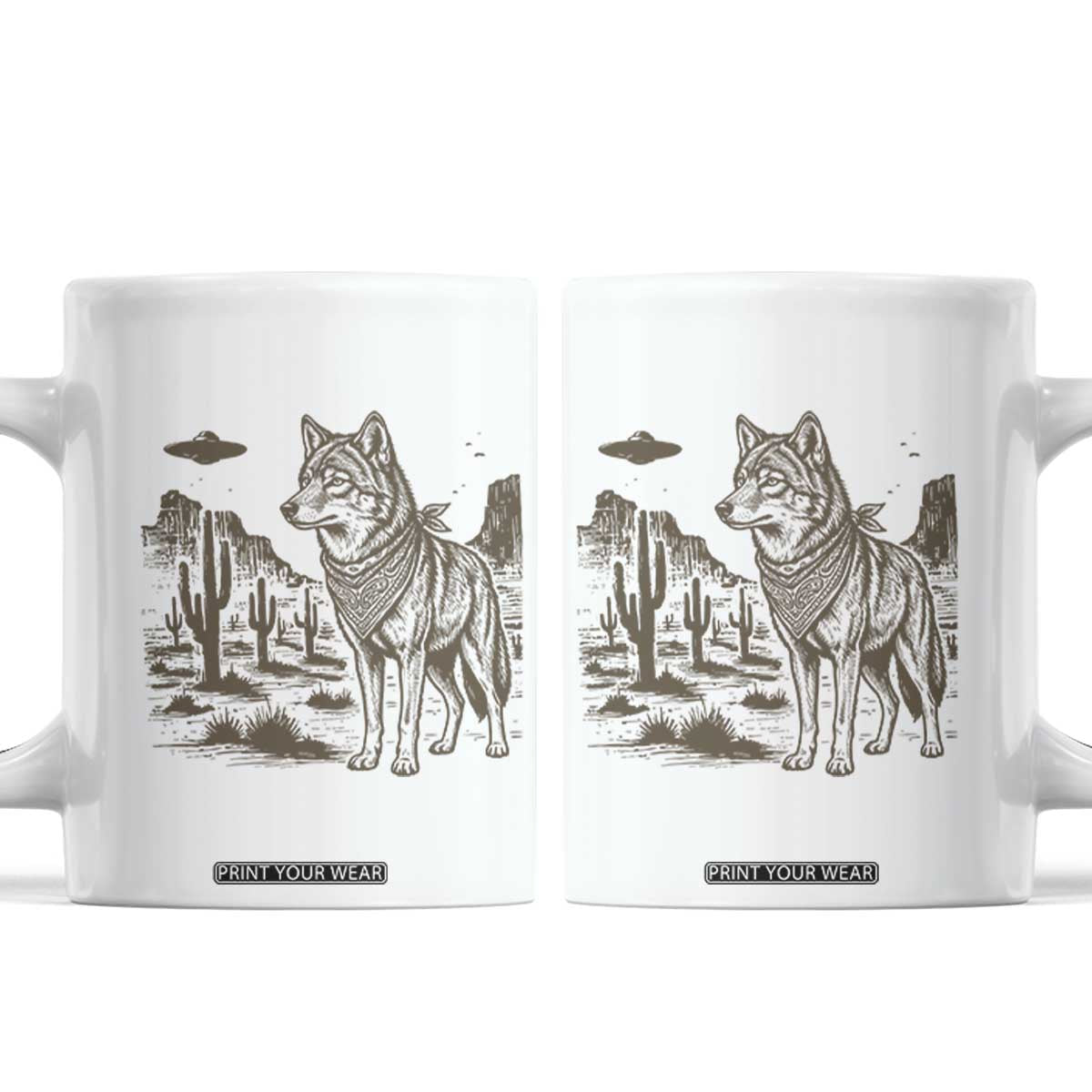 Vintage Coyote Cowboy UFO Coffee Mug Western Desert Southwest Coyote Alien TS14 White Print Your Wear